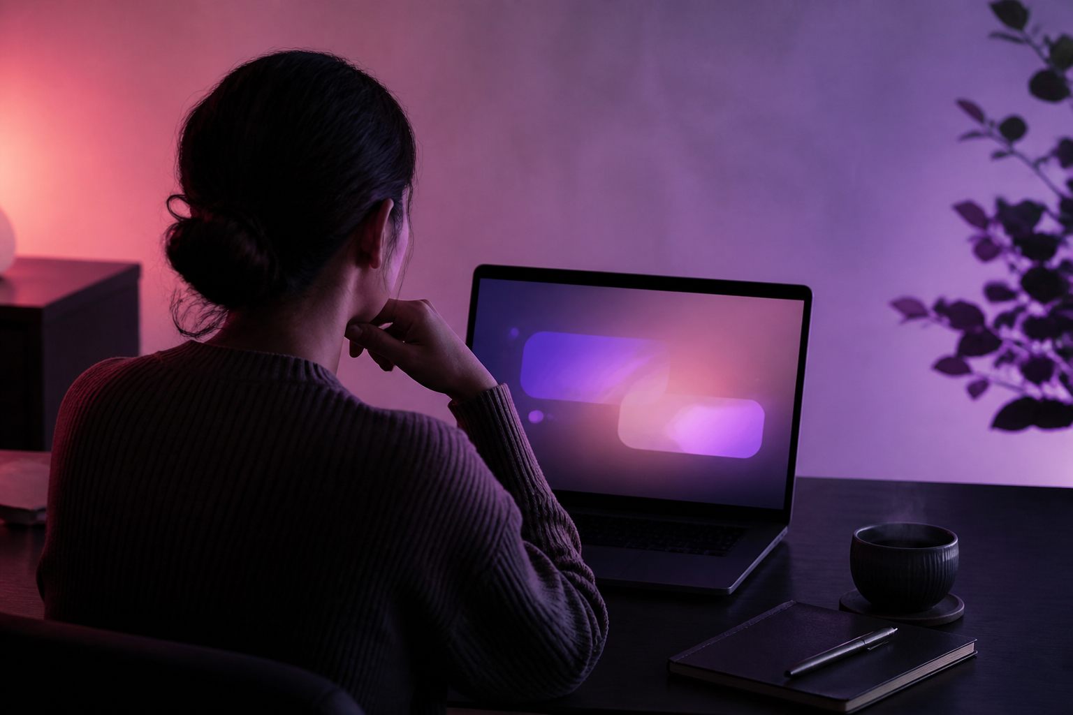 Une personne utilise un assistant conversationnel dans un espace de travail calme.