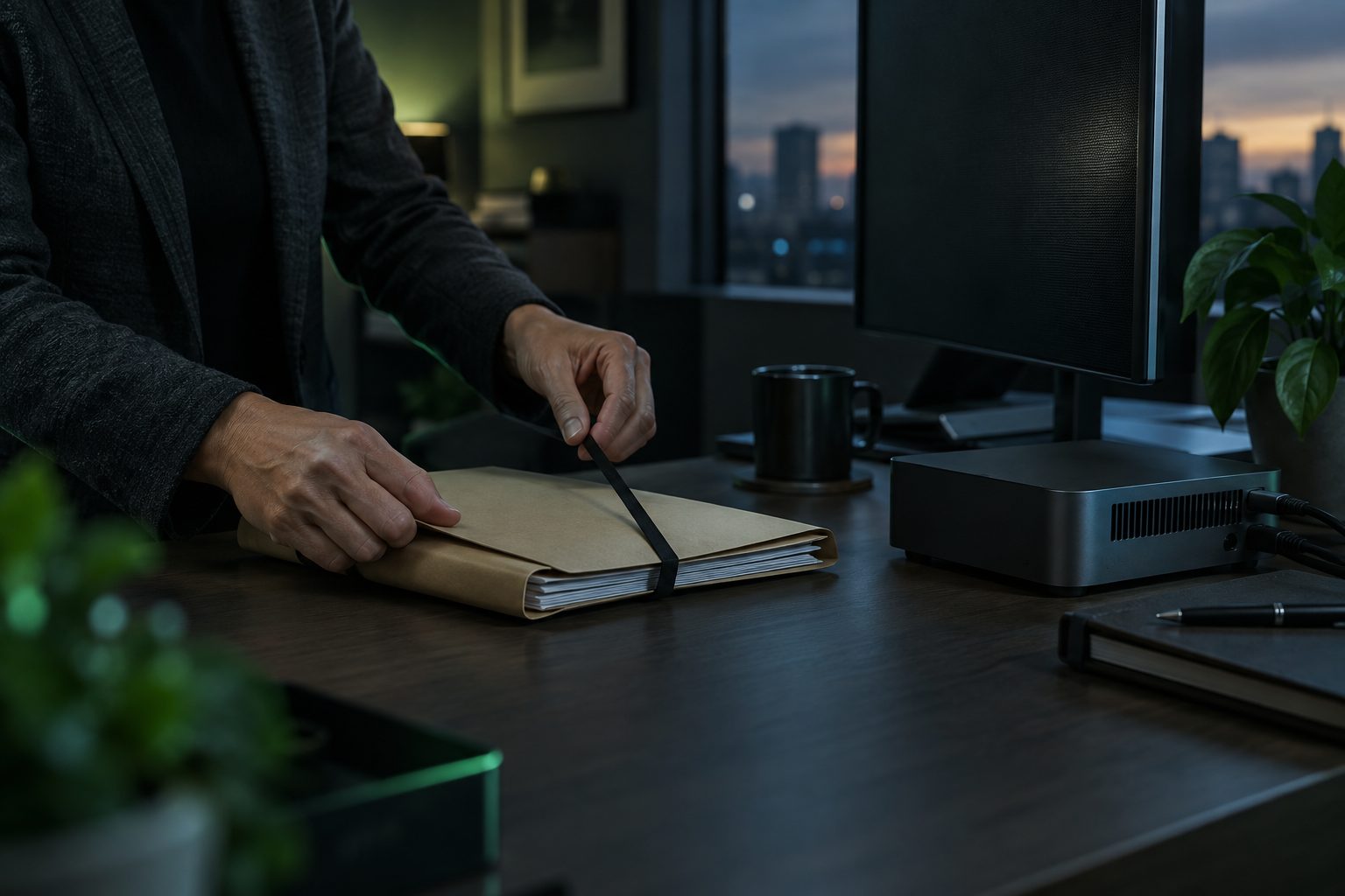 A person secures a folder beside a private local workstation.
