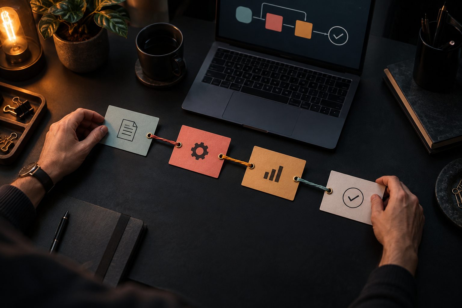 A person arranges the connected stages of an automated workflow.