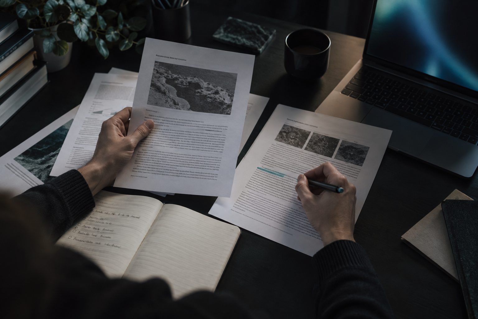 A person compares and annotates several source documents at a research desk.