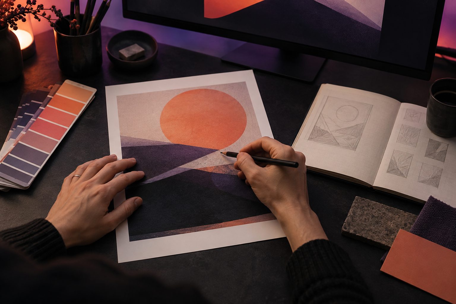 A designer refines a visual composition with colour swatches and a sketchbook.