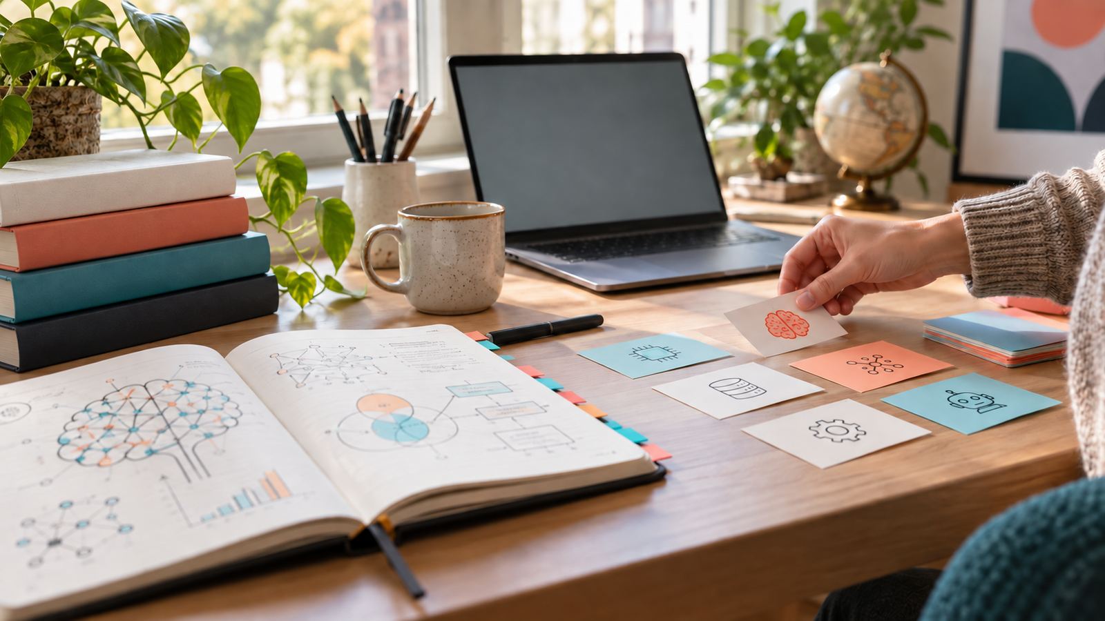 Study desk with a diagram notebook and cards representing artificial intelligence concepts.