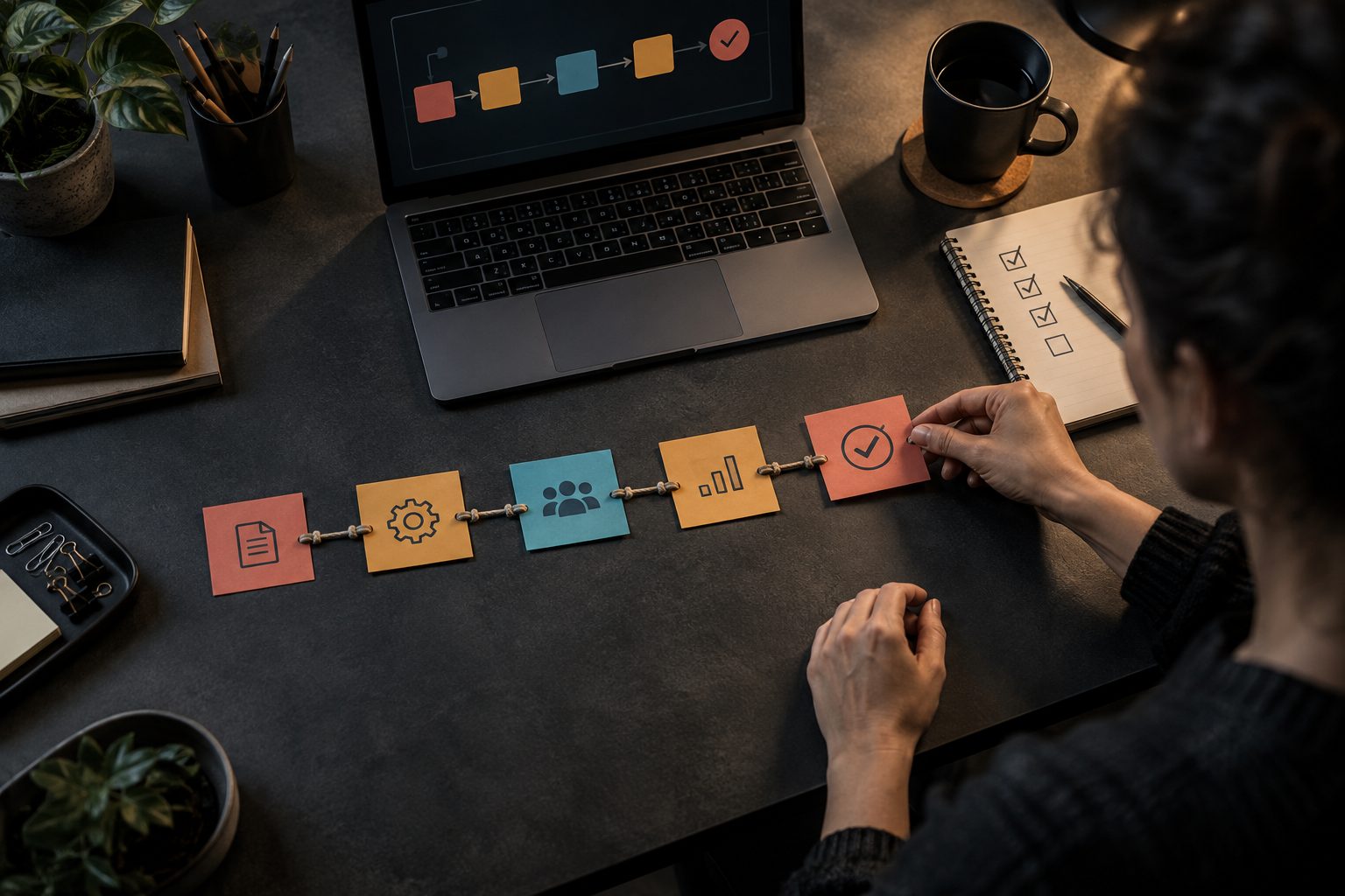 An operations specialist places a human validation step into a five-stage automation workflow.