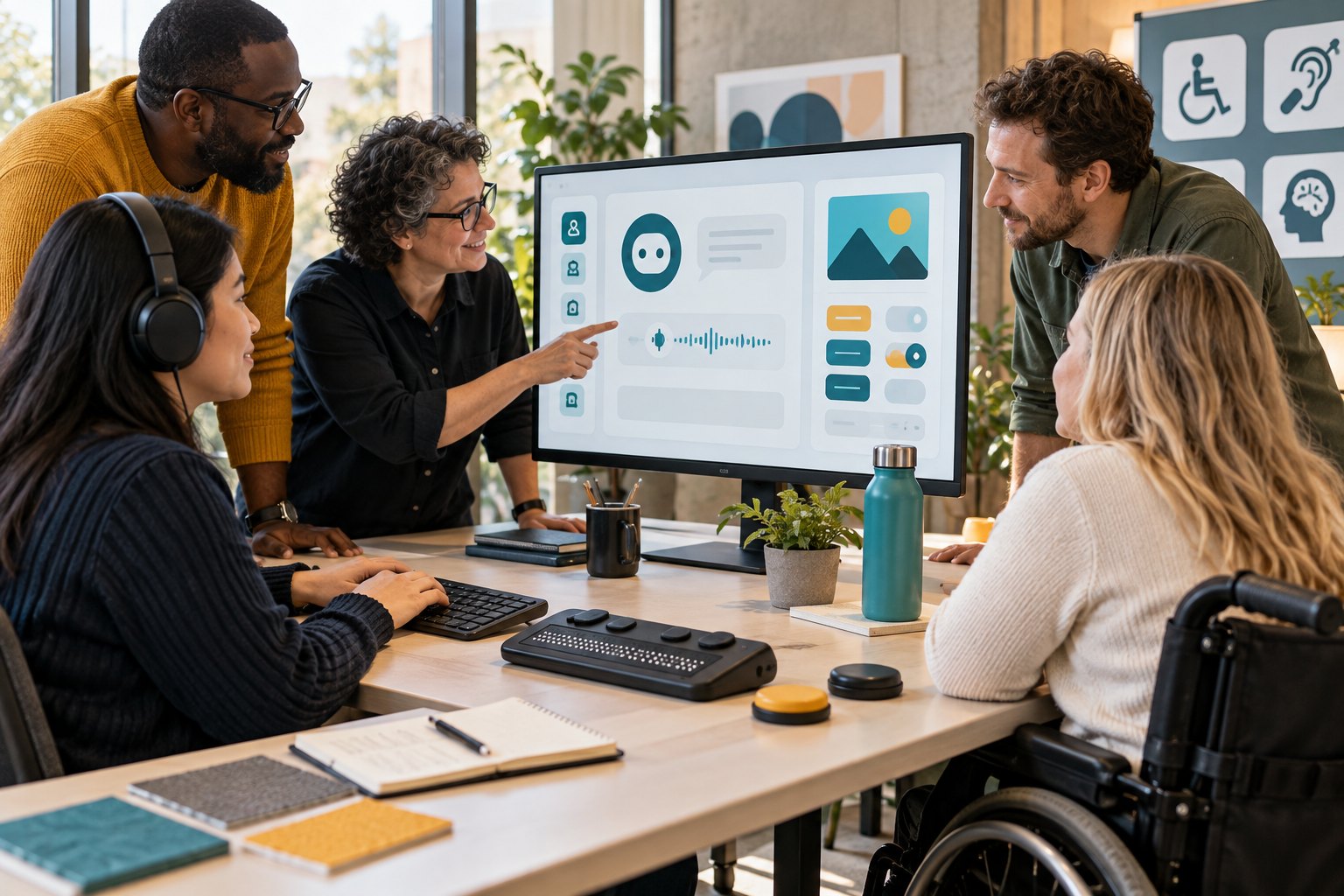 An inclusive team tests an artificial-intelligence interface with a keyboard, headphones and a braille display.