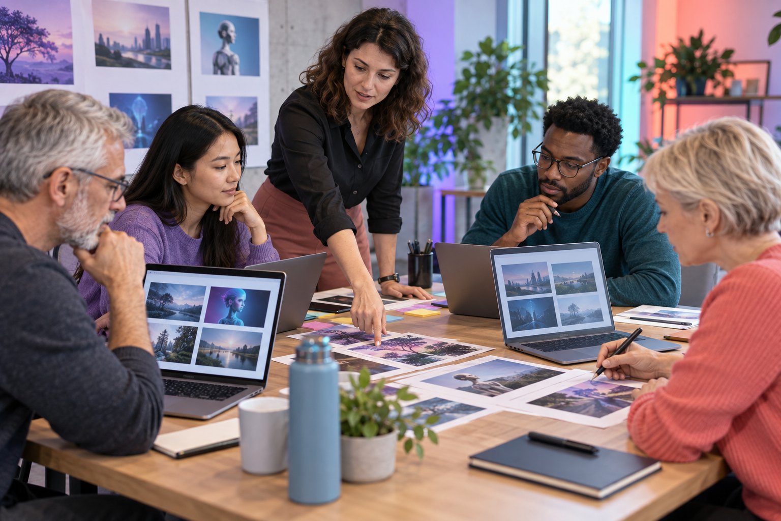 A multigenerational team compares the outcomes of a practical artificial-intelligence exercise.