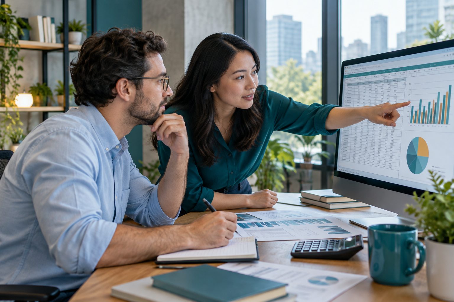 Two analysts compare a data table and charts on a screen.