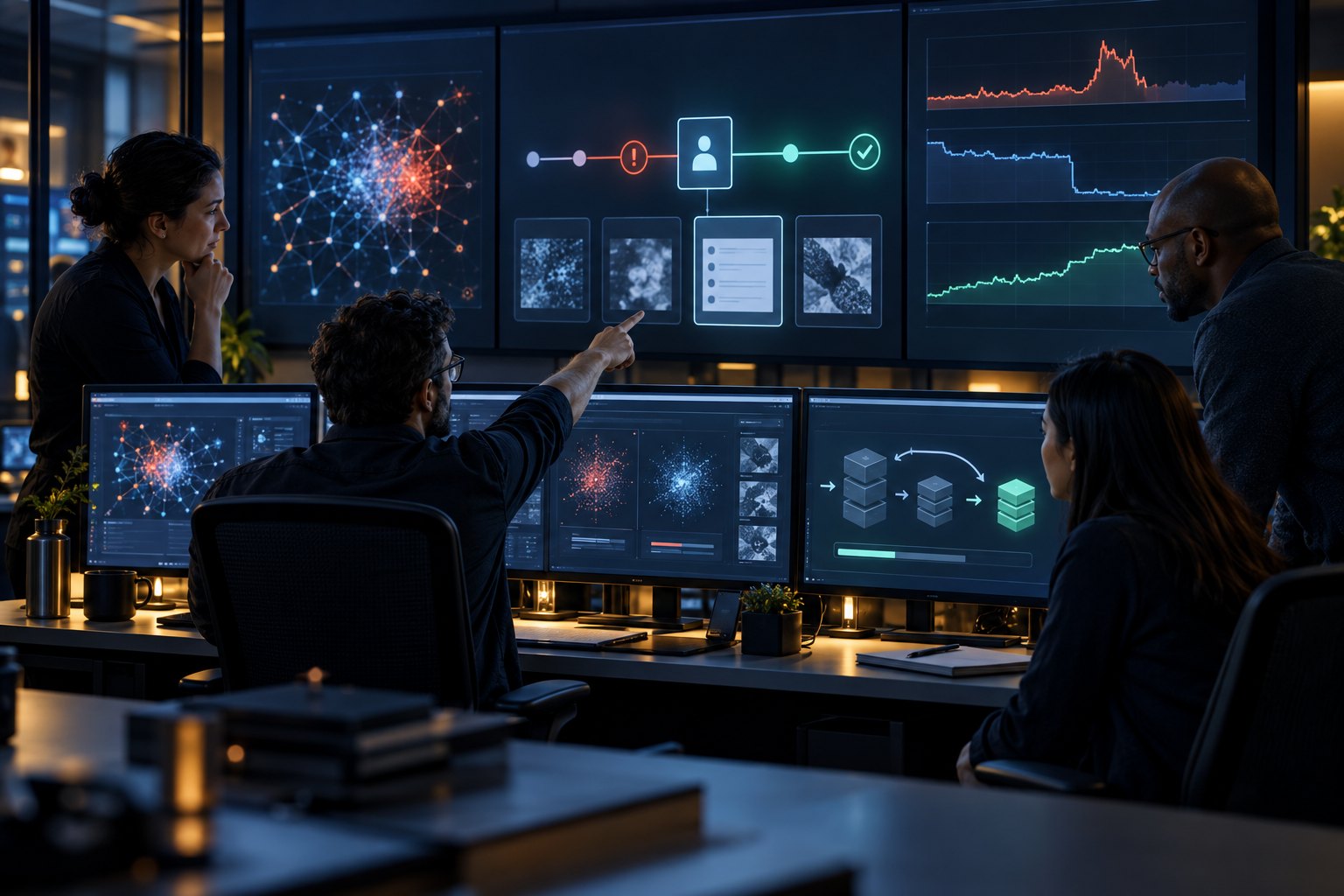 An operations team analyses an anomaly, checks evidence and prepares recovery for an artificial-intelligence system.