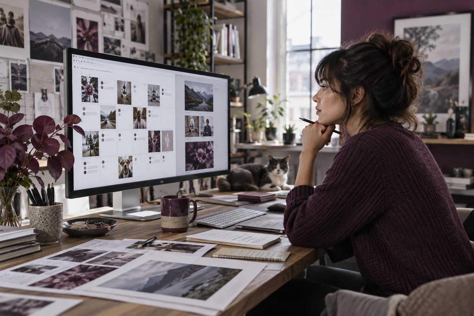 An editor checks image proofs and a content calendar before publication.