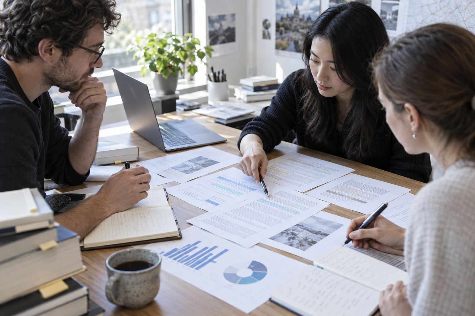 A team reviews documents, charts and notes to evaluate answers.