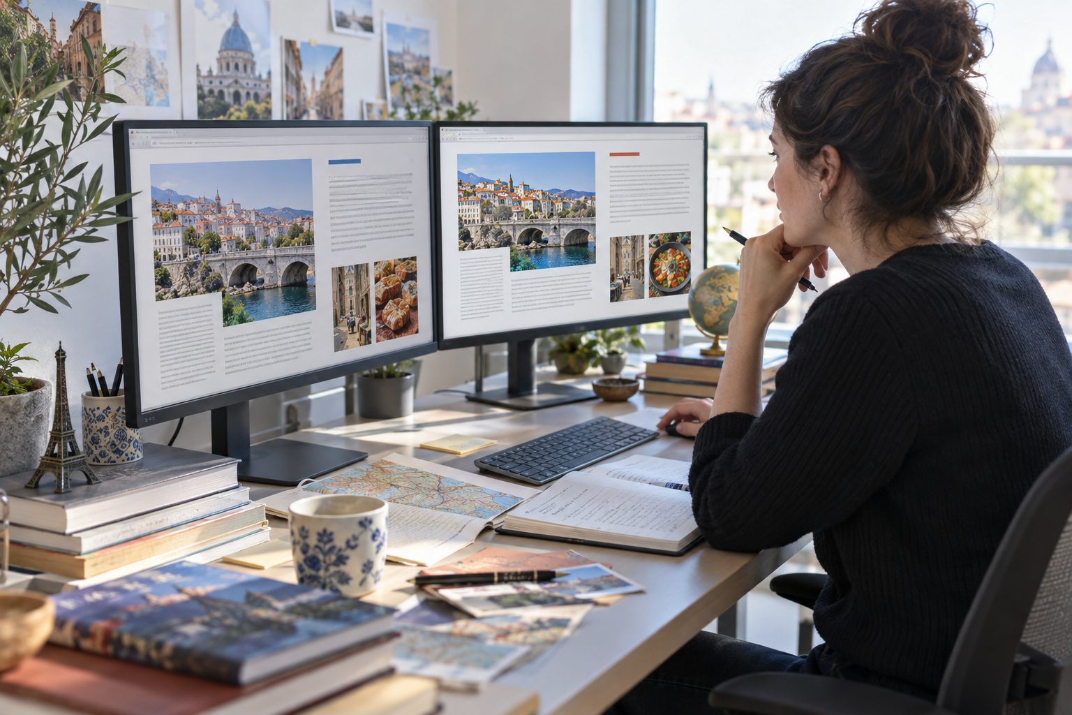 An editor compares two language versions of a document on separate screens.