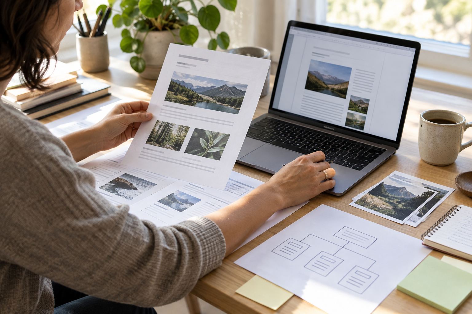 An editor reviews the structure and images of web pages at a desk.