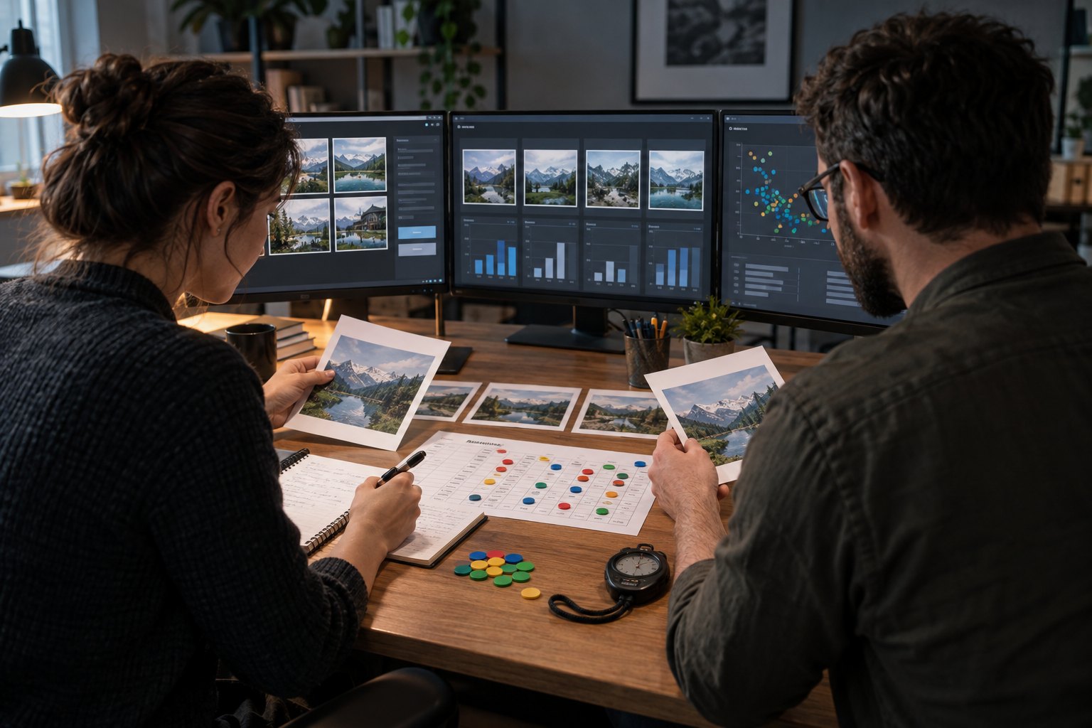 A team compares several AI tools using the same quality, cost, timing and control scorecard.