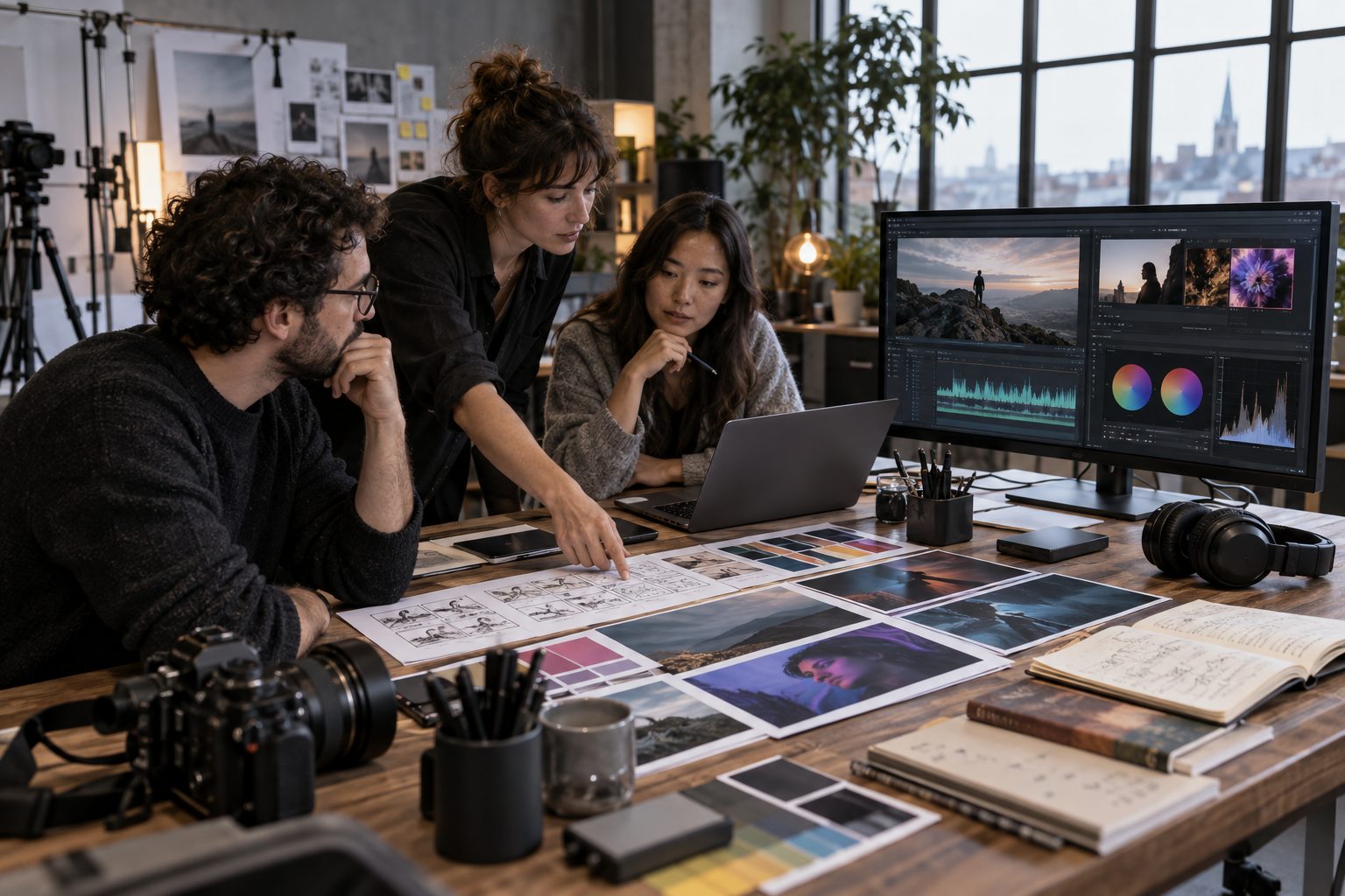 A creative team checks a storyboard, images, an audio track and video exports.