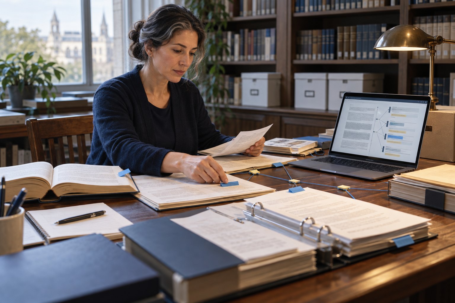 Une documentaliste organise des sources versionnées reliées à une réponse IA avec citations visibles.