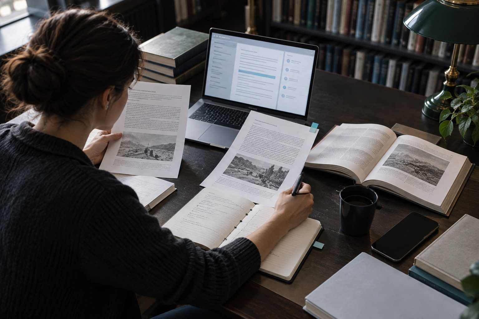 A researcher compares an answer on a laptop with original documents and books.