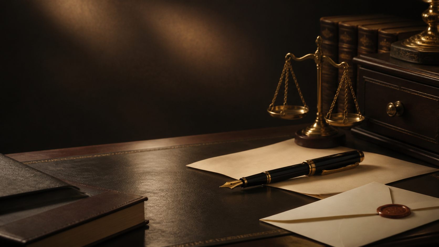 Un bureau éditorial avec documents et éléments de vérification juridique.
